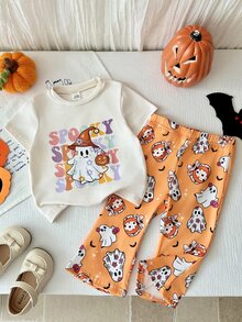 SHEIN Playful Pals 2件組女嬰休閒可愛萬聖節幽靈臉南瓜圖案短袖圓領T恤與鬆緊腰喇叭長褲套裝，幼兒萬聖節服裝 - 彩色 - 查看 4