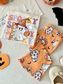 SHEIN Playful Pals 2件組女嬰休閒可愛萬聖節幽靈臉南瓜圖案短袖圓領T恤與鬆緊腰喇叭長褲套裝，幼兒萬聖節服裝 - 彩色 - 查看 9