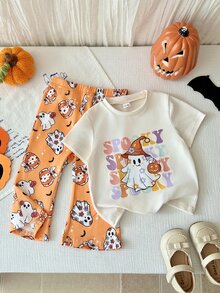 SHEIN Playful Pals 2件組女嬰休閒可愛萬聖節幽靈臉南瓜圖案短袖圓領T恤與鬆緊腰喇叭長褲套裝，幼兒萬聖節服裝 - 彩色 - 查看 6