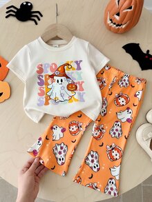 SHEIN Playful Pals 2件組女嬰休閒可愛萬聖節幽靈臉南瓜圖案短袖圓領T恤與鬆緊腰喇叭長褲套裝，幼兒萬聖節服裝 - 彩色 - 查看 10