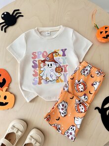 SHEIN Playful Pals 2件組女嬰休閒可愛萬聖節幽靈臉南瓜圖案短袖圓領T恤與鬆緊腰喇叭長褲套裝，幼兒萬聖節服裝 - 彩色 - 查看 8