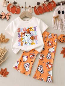 SHEIN Playful Pals 2件組女嬰休閒可愛萬聖節幽靈臉南瓜圖案短袖圓領T恤與鬆緊腰喇叭長褲套裝，幼兒萬聖節服裝 - 彩色 - 查看 1