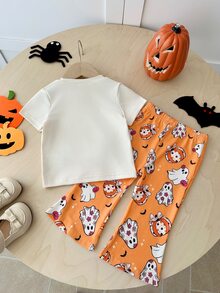 SHEIN Playful Pals 2件組女嬰休閒可愛萬聖節幽靈臉南瓜圖案短袖圓領T恤與鬆緊腰喇叭長褲套裝，幼兒萬聖節服裝 - 彩色 - 查看 2
