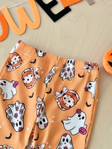 SHEIN Playful Pals 2件組女嬰休閒可愛萬聖節幽靈臉南瓜圖案短袖圓領T恤與鬆緊腰喇叭長褲套裝，幼兒萬聖節服裝 - 彩色 - 查看 3