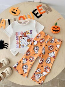 SHEIN Playful Pals 2件組女嬰休閒可愛萬聖節幽靈臉南瓜圖案短袖圓領T恤與鬆緊腰喇叭長褲套裝，幼兒萬聖節服裝 - 彩色 - 查看 7