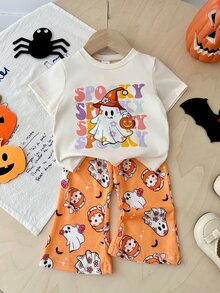 SHEIN Playful Pals 2件組女嬰休閒可愛萬聖節幽靈臉南瓜圖案短袖圓領T恤與鬆緊腰喇叭長褲套裝，幼兒萬聖節服裝 - 彩色 - 查看 11