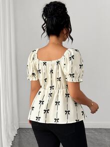 Elenzga Plus Size Women's Square Neck Petal Sleeve Cinched Waist Ruffle Hem Bow Print Casual Commute Date Travel Vacation Photogenic Versatile Blouse - Apricot - View 3