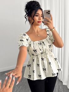 Elenzga Plus Size Women's Square Neck Petal Sleeve Cinched Waist Ruffle Hem Bow Print Casual Commute Date Travel Vacation Photogenic Versatile Blouse - Apricot - View 7