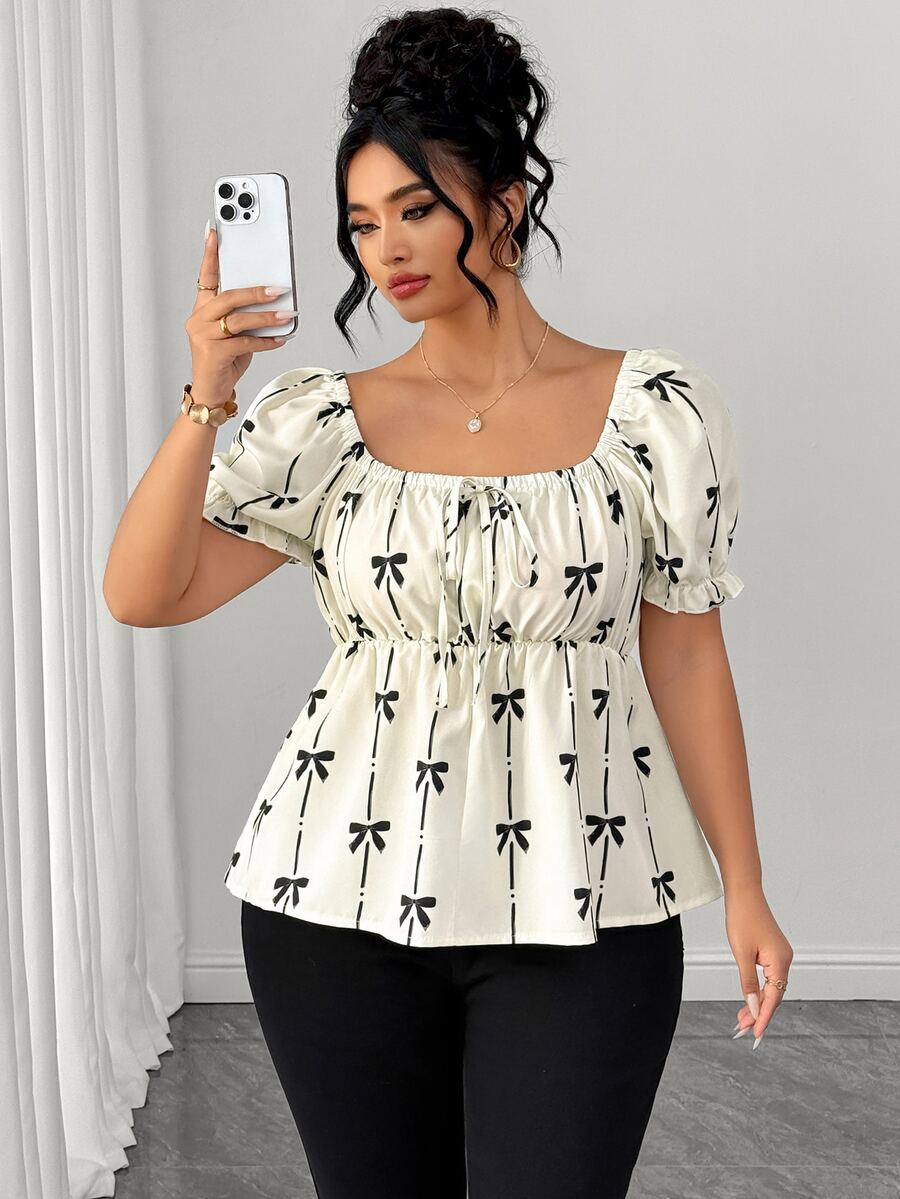 Elenzga Plus Size Women's Square Neck Petal Sleeve Cinched Waist Ruffle Hem Bow Print Casual Commute Date Travel Vacation Photogenic Versatile Blouse - Apricot - View 1
