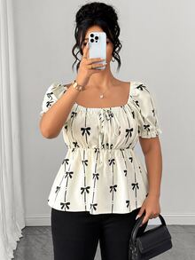 Elenzga Plus Size Women's Square Neck Petal Sleeve Cinched Waist Ruffle Hem Bow Print Casual Commute Date Travel Vacation Photogenic Versatile Blouse - Apricot - View 5