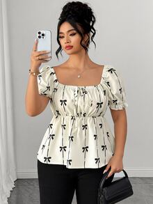 Elenzga Plus Size Women's Square Neck Petal Sleeve Cinched Waist Ruffle Hem Bow Print Casual Commute Date Travel Vacation Photogenic Versatile Blouse - Apricot - View 4
