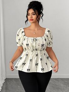 Elenzga Plus Size Women's Square Neck Petal Sleeve Cinched Waist Ruffle Hem Bow Print Casual Commute Date Travel Vacation Photogenic Versatile Blouse - Apricot - View 6