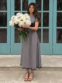 Siren Gaze 女款格紋圓領荷葉邊短袖優雅長洋裝 - 杏色 - 查看 6