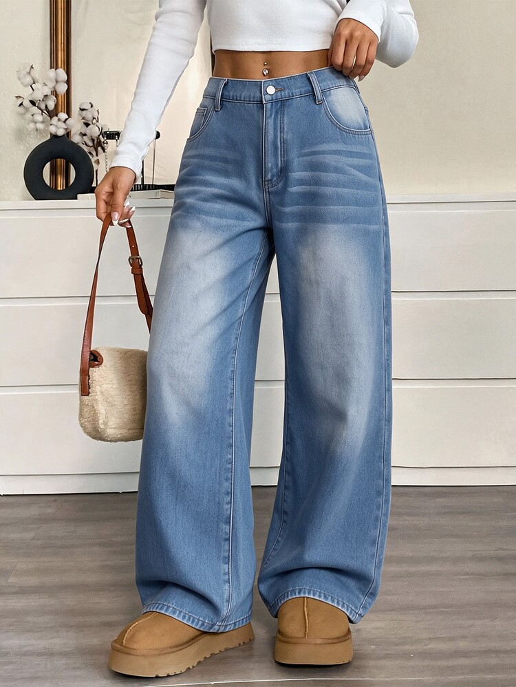 SHEIN Tall CURVE بنطلون جينز مستقيم الساق مغسول كاجوال مقاس كبير - الأزرق - مشاهدة 6