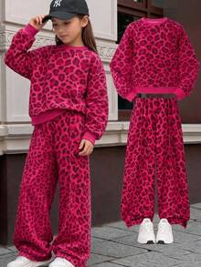 SHEIN 青少年女孩針織粉色豹紋圓領寬鬆休閒衛衣與直筒長褲兩件套 - 彩色 - 查看 1