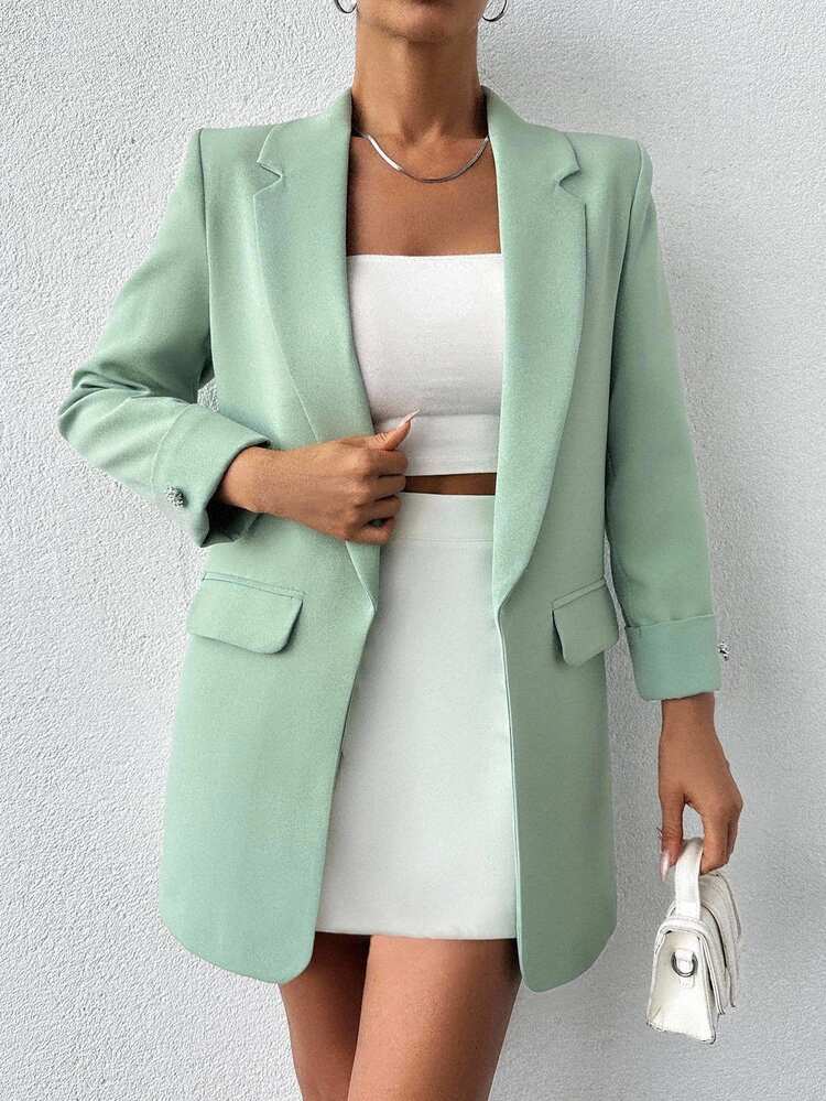 SHEIN جاكيت بليزر طويلة الأكمام أنيقة بلون موحد للنساء الطويلات للمكتب باللون الأخضر المريمي للخريف - أخضر نعناع - مشاهدة 5