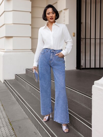 micahgianneli MOD Women Casual Everyday Regular Fit Jeans,Jeans Baggy Cowgirl, St Patrick Day, Streetwear For Women,Sparkly Wide Leg Pants