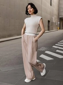 micahgianneli Traje informal con pantalones de pierna ancha de color contrastante con bolsillo para otoño/invierno - Caqui - Ver 6
