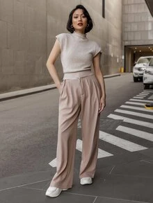 micahgianneli Traje informal con pantalones de pierna ancha de color contrastante con bolsillo para otoño/invierno - Caqui - Ver 4