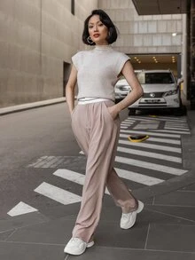 micahgianneli Traje informal con pantalones de pierna ancha de color contrastante con bolsillo para otoño/invierno - Caqui - Ver 5