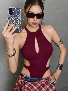 INAWLY Women's Solid Color Cutout Waist Backless Halter Bodysuit Club Night Out Party Burgundy Summer Sexy - Burgundy - View 6