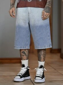 Devon Thys 男式口袋装饰宽松阔腿牛仔百慕大短裤 - 淺色水洗藍 - 查看 1