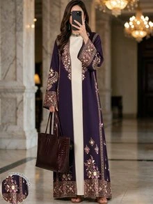 SHEIN Najma Al-Adha 女款菱形幾何復古保守休閒中東圖案數位印花長袖 Abaya 開襟長版外套 冬季 藍白 - 彩色 - 查看 1