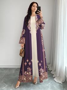 SHEIN Najma Al-Adha 女款菱形幾何復古保守休閒中東圖案數位印花長袖 Abaya 開襟長版外套 冬季 藍白 - 彩色 - 查看 4