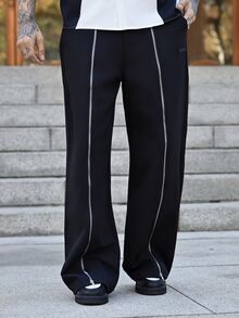 Devon Thys 男士休闲街头时尚拉链装饰宽松阔腿裤，秋季 - 黑色 - 查看 1