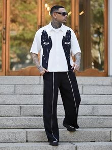Devon Thys 男士休闲街头时尚拉链装饰宽松阔腿裤，秋季 - 黑色 - 查看 3