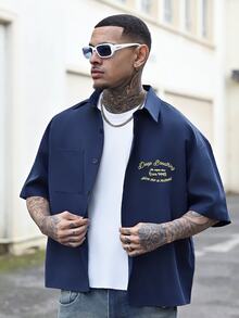 Devon Thys 男士夏季休闲街头刺绣落肩宽松衬衫 - 藍色 - 查看 1