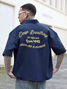 Devon Thys 男士夏季休闲街头刺绣落肩宽松衬衫 - 藍色 - 查看 2