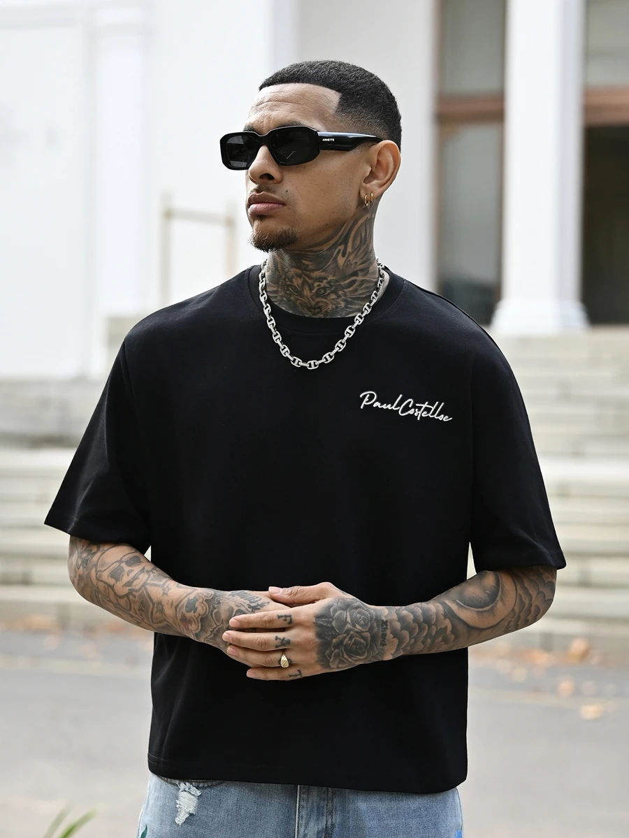Devon Thys 男士手绘刺绣印花短袖T恤,适合春夏季 - 黑色 - 查看 1