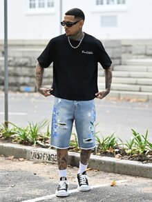 Devon Thys 男士手绘刺绣印花短袖T恤，适合春夏季 - 黑色 - 查看 3