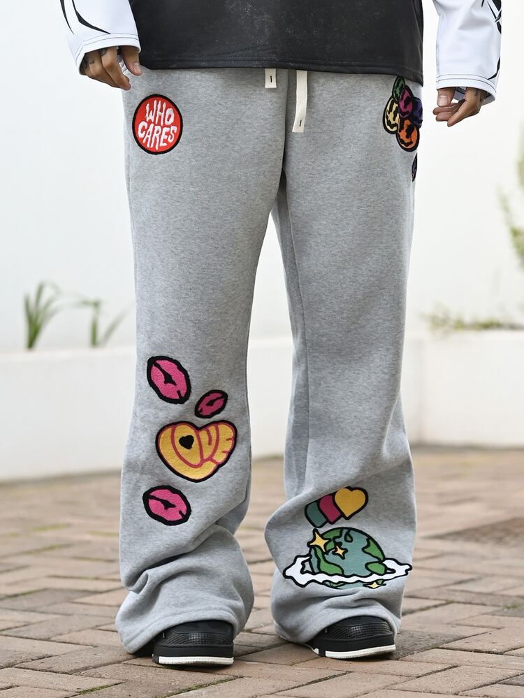 Devon Thys Men's Elastic Waist Drawstring Casual Heart Pattern Sweatpants - Grey - View 1