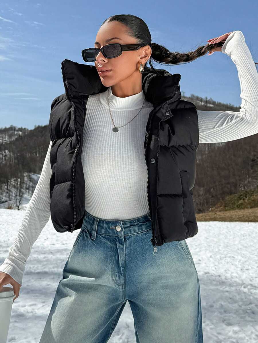 SHEIN سترة منفوخة بغطاء رأس مقاس كبير بسحاب وتفاصيل برباط شد، لون أسود سادة، كاجوال، للعطلات العائلية والشتاء - الأسود - مشاهدة 1