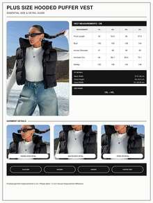 SHEIN سترة منفوخة بغطاء رأس مقاس كبير بسحاب وتفاصيل برباط شد، لون أسود سادة، كاجوال، للعطلات العائلية والشتاء - الأسود - مشاهدة 6