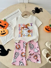 SHEIN Playful Pals 2件組女嬰休閒可愛萬聖節幽靈南瓜圖案短袖圓領T恤與鬆緊腰喇叭長褲套裝，女童萬聖節服裝，嬰兒萬聖節套裝 - 彩色 - 查看 3