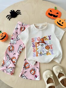 SHEIN Playful Pals 2件組女嬰休閒可愛萬聖節幽靈南瓜圖案短袖圓領T恤與鬆緊腰喇叭長褲套裝，女童萬聖節服裝，嬰兒萬聖節套裝 - 彩色 - 查看 11