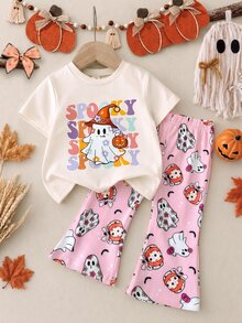 SHEIN Playful Pals 2件組女嬰休閒可愛萬聖節幽靈南瓜圖案短袖圓領T恤與鬆緊腰喇叭長褲套裝，女童萬聖節服裝，嬰兒萬聖節套裝 - 彩色 - 查看 1