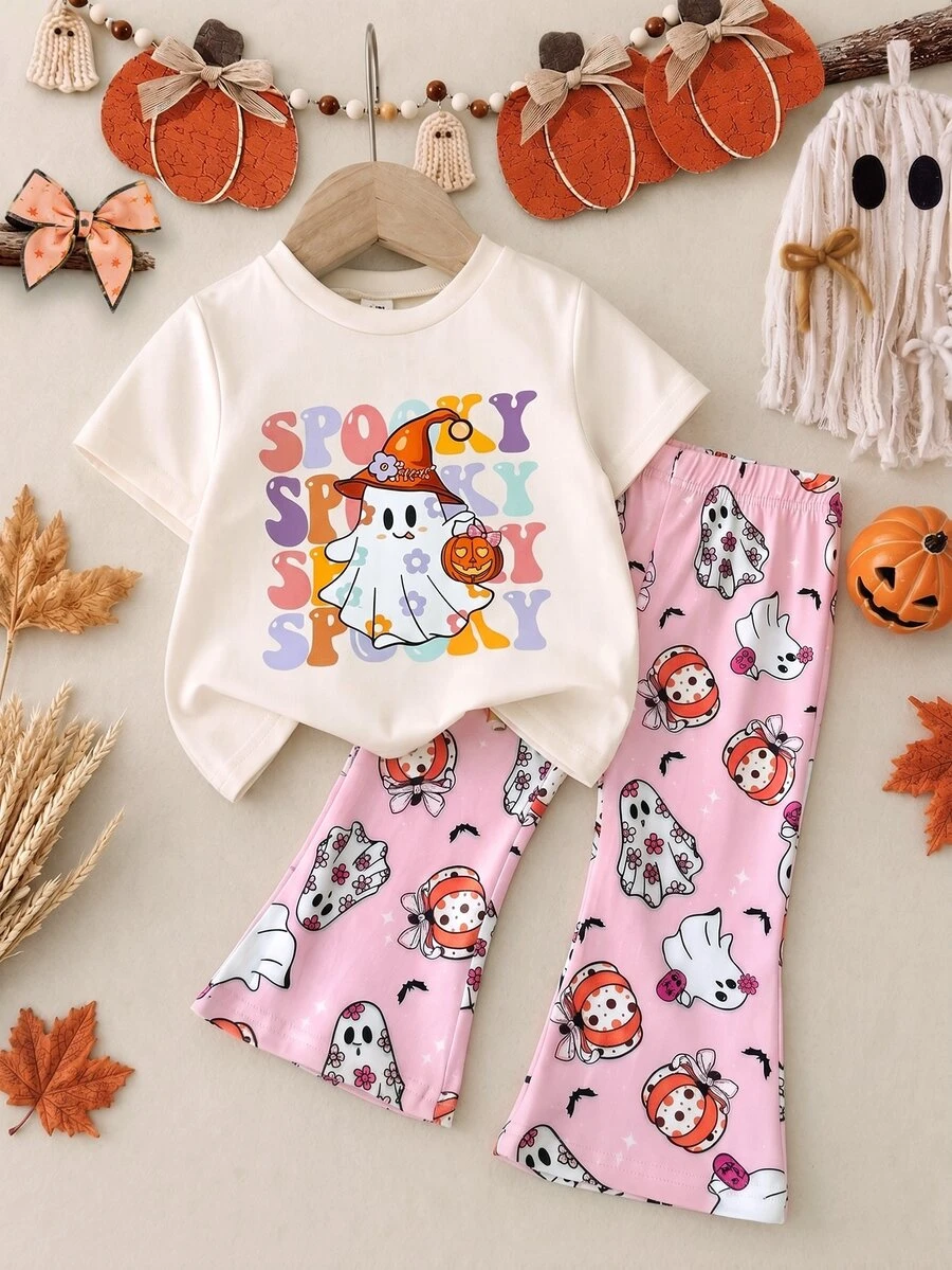 SHEIN Playful Pals 2件組女嬰休閒可愛萬聖節幽靈南瓜圖案短袖圓領T恤與鬆緊腰喇叭長褲套裝,女童萬聖節服裝,嬰兒萬聖節套裝 - 彩色 - 查看 1