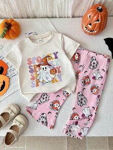 SHEIN Playful Pals 2件組女嬰休閒可愛萬聖節幽靈南瓜圖案短袖圓領T恤與鬆緊腰喇叭長褲套裝，女童萬聖節服裝，嬰兒萬聖節套裝 - 彩色 - 查看 7