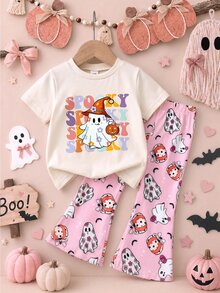 SHEIN Playful Pals 2件組女嬰休閒可愛萬聖節幽靈南瓜圖案短袖圓領T恤與鬆緊腰喇叭長褲套裝，女童萬聖節服裝，嬰兒萬聖節套裝 - 彩色 - 查看 12