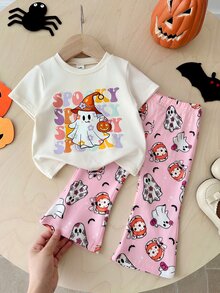 SHEIN Playful Pals 2件組女嬰休閒可愛萬聖節幽靈南瓜圖案短袖圓領T恤與鬆緊腰喇叭長褲套裝，女童萬聖節服裝，嬰兒萬聖節套裝 - 彩色 - 查看 10