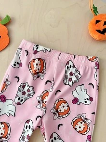 SHEIN Playful Pals 2件組女嬰休閒可愛萬聖節幽靈南瓜圖案短袖圓領T恤與鬆緊腰喇叭長褲套裝，女童萬聖節服裝，嬰兒萬聖節套裝 - 彩色 - 查看 5