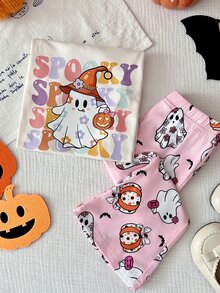 SHEIN Playful Pals 2件組女嬰休閒可愛萬聖節幽靈南瓜圖案短袖圓領T恤與鬆緊腰喇叭長褲套裝，女童萬聖節服裝，嬰兒萬聖節套裝 - 彩色 - 查看 9