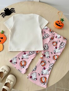 SHEIN Playful Pals 2件組女嬰休閒可愛萬聖節幽靈南瓜圖案短袖圓領T恤與鬆緊腰喇叭長褲套裝，女童萬聖節服裝，嬰兒萬聖節套裝 - 彩色 - 查看 2