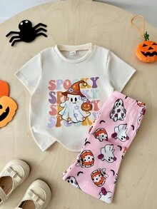 SHEIN Playful Pals 2件組女嬰休閒可愛萬聖節幽靈南瓜圖案短袖圓領T恤與鬆緊腰喇叭長褲套裝，女童萬聖節服裝，嬰兒萬聖節套裝 - 彩色 - 查看 6