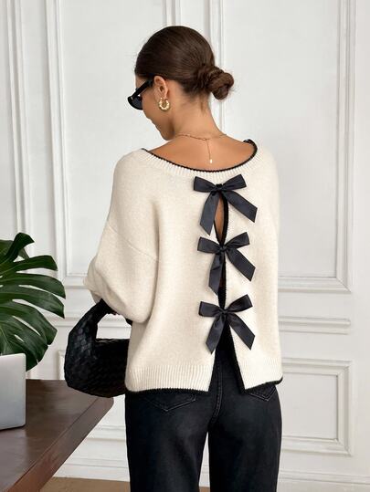 Serisse Women's Elegant Cute Bow Shoulder Long Sleeve Sweater,Black And White Bow Decoration On Back,Autumn Chic Top For Date Everyday,Tea Party,New Year,Prom