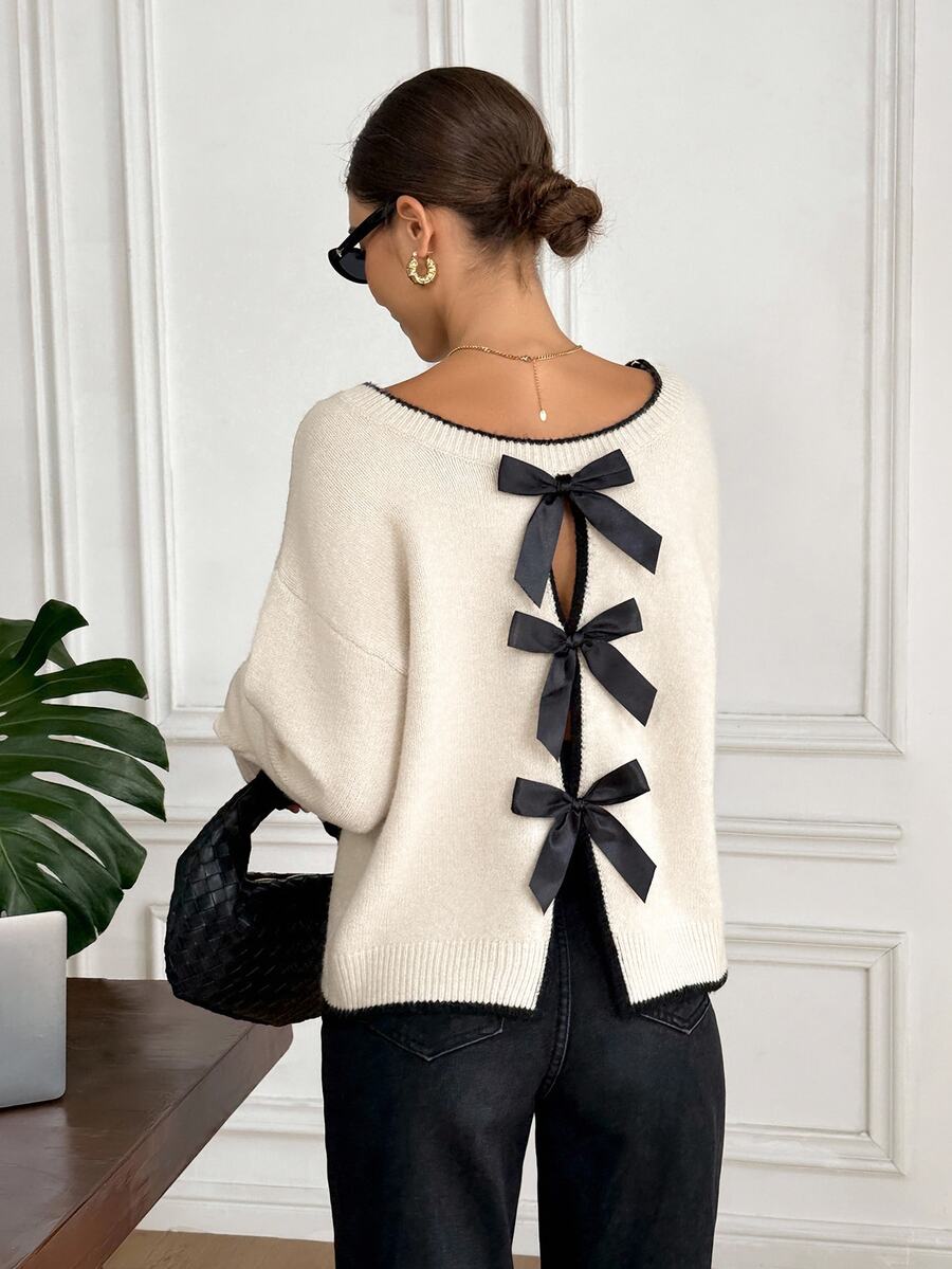 Serisse Women's Elegant Cute Bow Shoulder Long Sleeve Sweater,Black And White Bow Decoration On Back,Autumn Chic Top For Date Everyday,Tea Party,New Year,Prom - Apricot - View 1